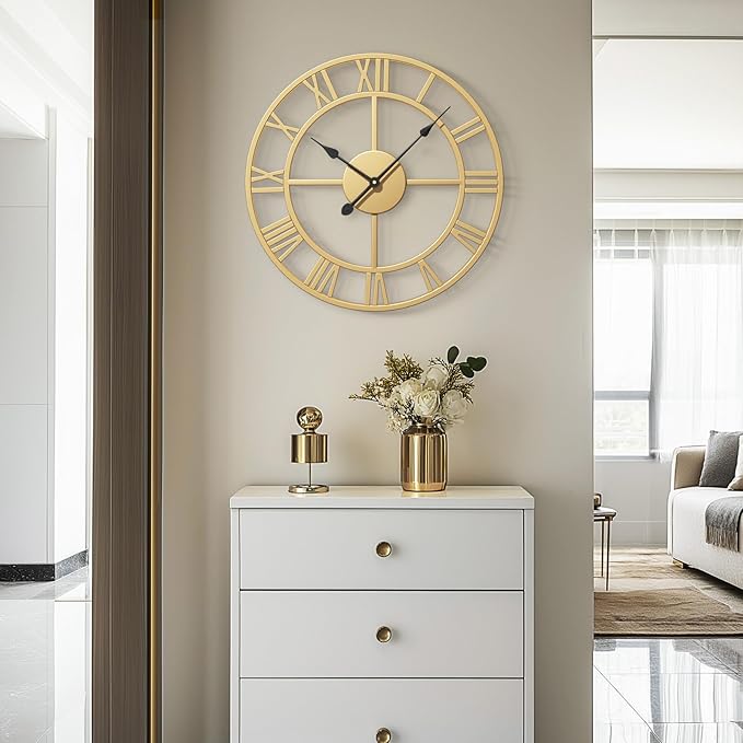 Gold Wall Clock 16 Inch Metal Decorative Clock for Living Room, Battery-Operated Completely Silent Non Ticking Round Modern Wall Clock -Roman Number