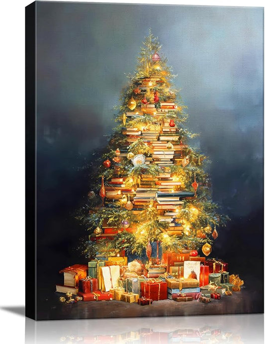 Vintage Books Christmas Tree Canvas Wall Art - Rustic Literary Still Life Framed Print for Cozy Winter Decor, Light Academia Christmas Wall Art, Unique Christmas Gifts & Festive Decorations