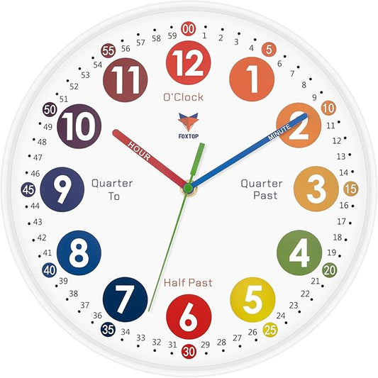 Foxtop Learning Clock for Kids - Telling Time Teaching Clock 12 Inch Silent Non-Ticking Battery Operated Analog Kids Wall Clock for Kids Room Playroom Nursery Classroom School (White)