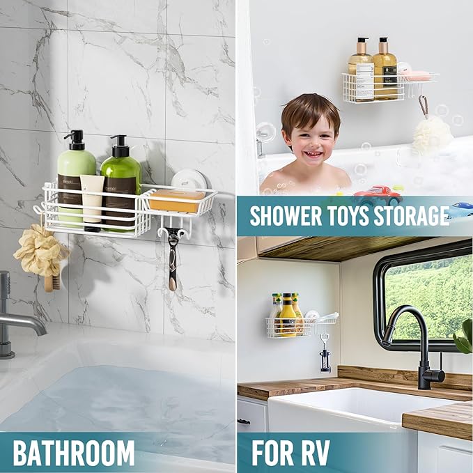 TAILI Shower Caddy Suction Cup with Hooks & Soap Holder, Heavy Duty Bathroom Shower Organizer, No Drilling Shelves for Inside Bathroom, Metal Black Storage Basket-White
