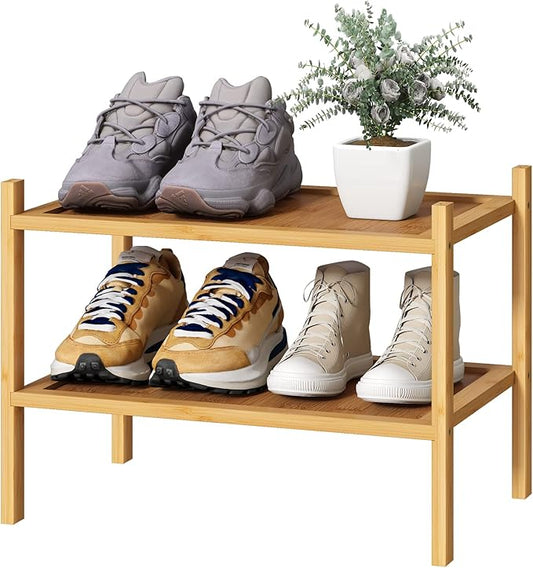 Small Shoe Rack, 2-Tier Bamboo Wood Shoe Rack for Entryway, Stackable Shoe Organizer for Hallway Closet, Free Standing Shoe Racks for Indoor & Outdoor
