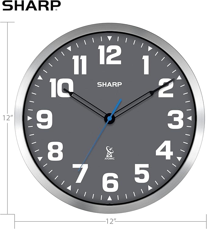 Sharp Atomic Analog Wall Clock - 12" Grey Face, Silver Brushed Finish - Sets Automatically- Battery Operated - Easy to Read - Easy to Use – Modern Design and Style