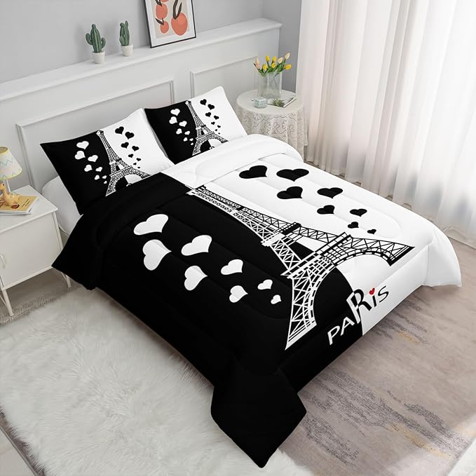 Kids Comforter Set Eiffel Tower Printed Pattern Bedding Set with 1 Comforter and 2 Pillowcases for Girls Boys Bedroom All Season(Tower1 Queen)