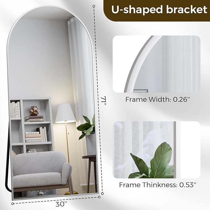 Koonmi 30"x71" Arched Full Length Mirror, Silver Large Floor Mirror with Aluminum Alloy Frame, Standing Hanging or Leaning Wall-Mounted Full Body Mirror for Living Room and Bedroom