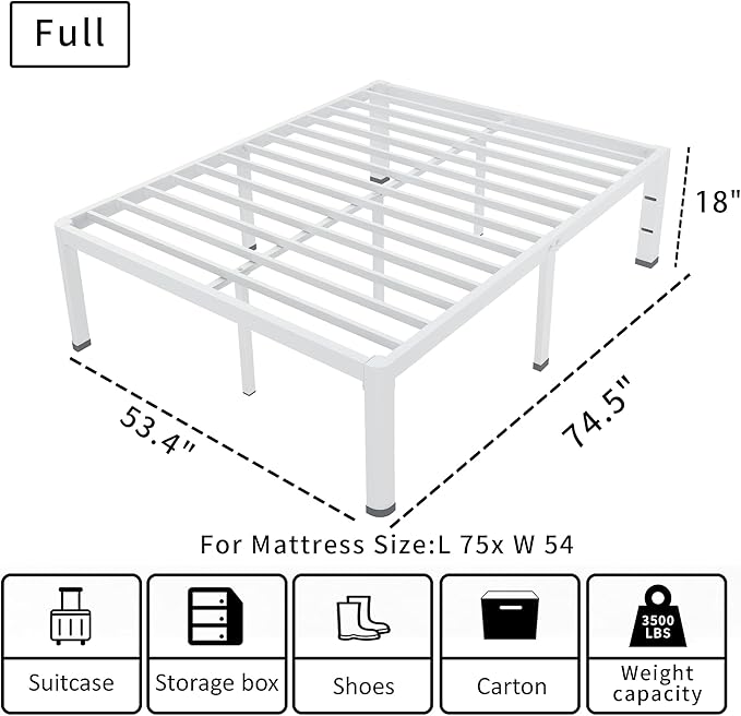 ROIL 18 Inch White Full Size Bed Frame with Rounded Corner and Headboard Hole Mattress Retainers 3500LBS Heavy Duty Steel Slats No Box Spring Needed Platform Noise-Free Easy Assembly