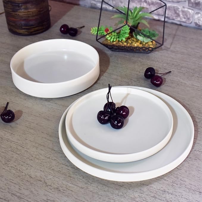 222 Fifth Kaden 12-Piece Modern White Porcelain Dinnerware Set – Service for 4, Plate & Bowl Set, Contemporary Design, for Everyday Dining & Entertainment, Microwave & Dishwasher Safe