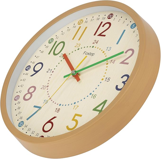 Foxtop Kids Wall Clock 12 Inch Silent Non-Ticking Battery Operated Colorful Childrens Wall Clock for Classroom Playroom Nursery Bedrooms Kids Room School