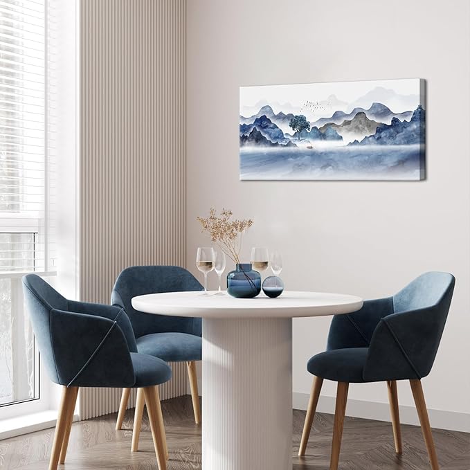 KREATIVE ARTS 20x40 Traditional Chinese Ink Painting Wall Art: Black and Blue Landscape Nature Prints of Mountain and Lake for Living Room, Asian Artwork