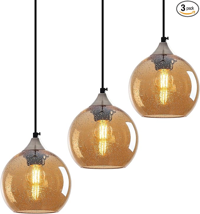 Amber Glass Pendant Lights Kitchen Island Globe Pendant Light Fixtures Modern Pendant Lighting for Bedroom Living Dining Room Light Fixture (5.9 in, 3 Pack)