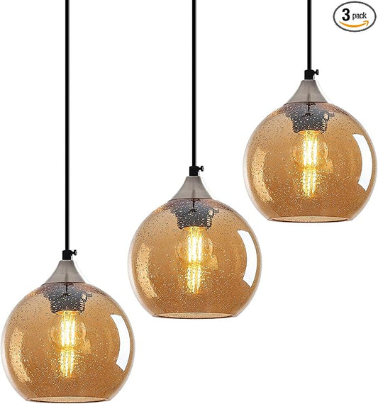 Amber Glass Pendant Lights Kitchen Island Globe Pendant Light Fixtures Modern Pendant Lighting for Bedroom Living Dining Room Light Fixture (5.9 in, 3 Pack)