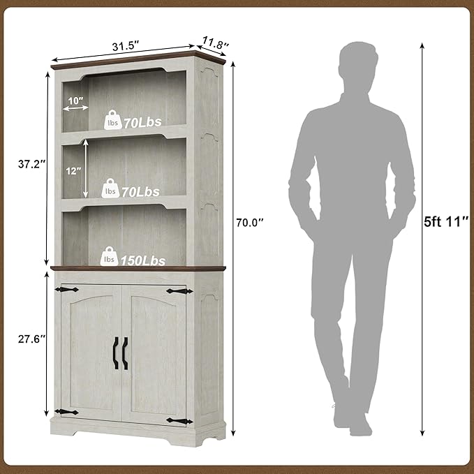 Tall Bookcase, 70 inch Height, 5-Tier Open Storage Shelf, 31.5 in Wide Standing Bookshelves for Home, Office, Bedroom, School, Library, 31.5W * 11.81D *70H (White Espresso, Wooden Door)