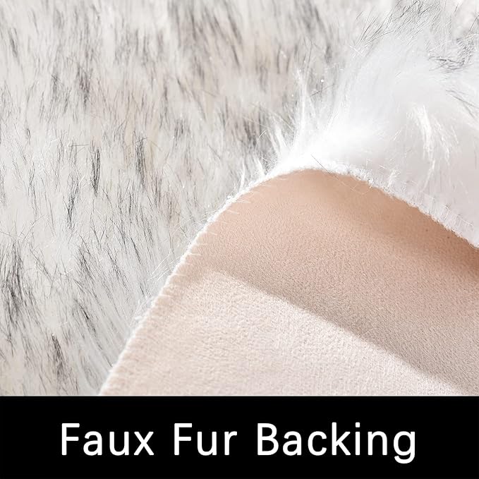Latepis White with Grey Tips Round Rugs 5ft Washable Faux Sheepskin Fur Rug Fluffy Area Furry Rug for Living Room Bedroom Room Decor