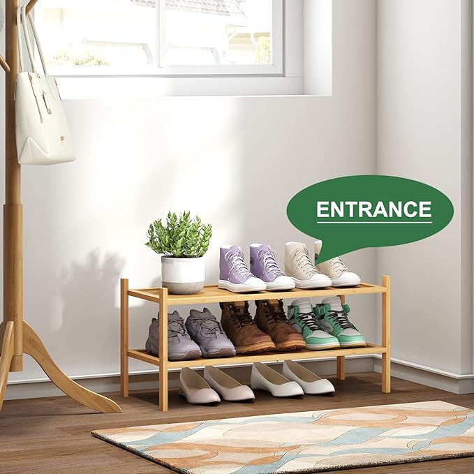 Bamboo Shoe Rack, 2-Tier Shoe Rack for Entryway, Free Standing Shoe Racks for Indoor & Outdoor, Stackable Shoe Organizer for Closet,