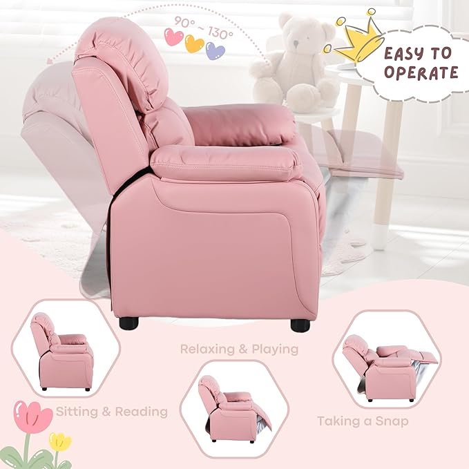 JC Home Macaron Kids Reclining Chair Leather Recliner Sofa Push Back Toddler Youth Children Child Ages 2-8