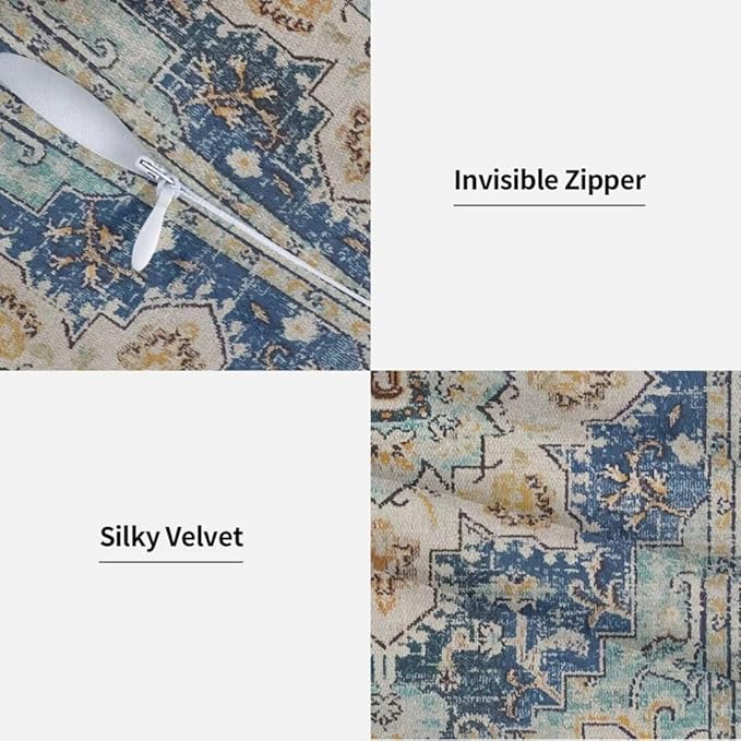 Boho Pillow Covers 24x24 Set of 2, Light Blue Beige Carpet Pattern Outdoor Decorative Throw Pillows Vintage Linen Ethnic Rustic Farmhouse Cushion Cases for Couch Sofa Decor