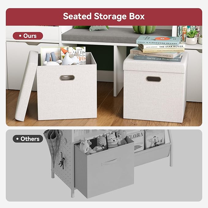 oneinmil 67" Kids Reading Nook with Bench Kids Bookshelf and Bookcase with Seat Cushion and Cube Storage Organizer Toddler Storage Cabinets Box on Wheels Children Toy Chestfor Bedroom, Nursery, White