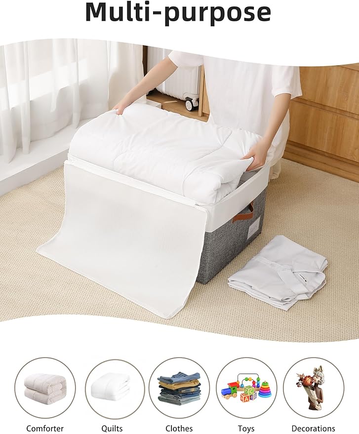 Reinforced LARGE Blanket Storage Baskets with Lids, 2 Packs Stackable Comforter Storage Bag with Clear Window & Handles, Clothes Organizer for Closet,King/Queen Comforters Quilt Duvet