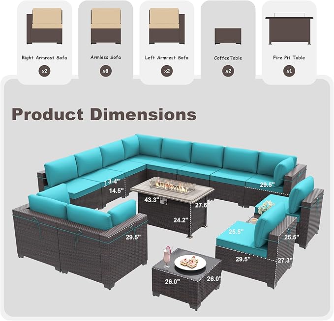 Kurapika 15 Pieces Patio Furniture Set, Rattan Wicker Outdoor Conversation Sets w/43in Propane Fire Pit Table and 4 Inch Cushion(Blue)