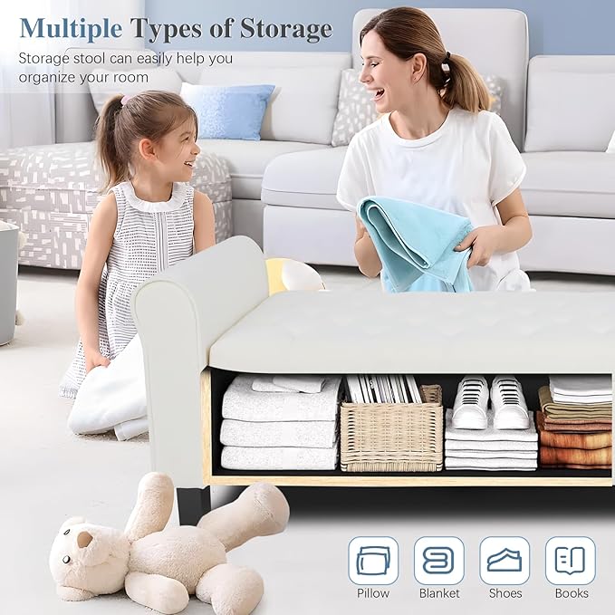 Storage Bedroom Bench for End of Bed, Upholstered Storage Ottoman with Rolled Arms for Bedroom,Living Room, Entryway.