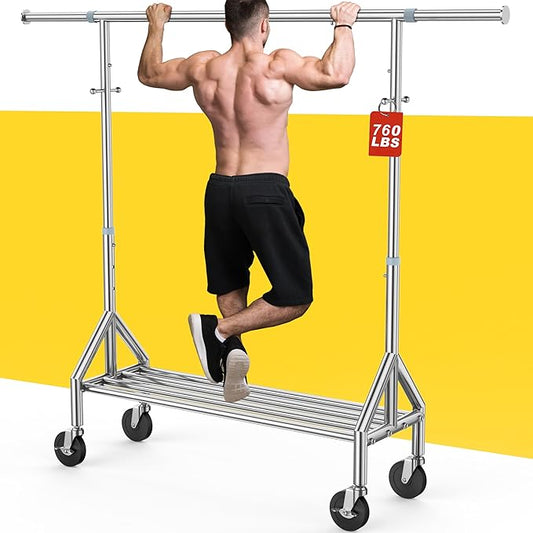 Upgraded 100% Stainless Steel Clothing Rack Load 760LBS, Heavy Duty Clothes Racks with Larger & Sturdy Wheel, Extendable & Adjustable Rolling Garment with Shelves for Hanging Portable Closet Rack