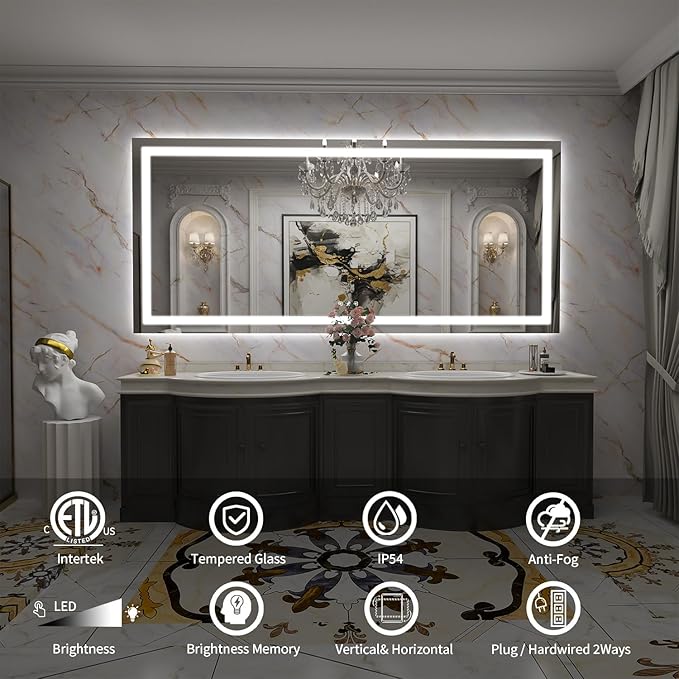 LED Mirror for Bathroom, 77x36 Inch Backlit + Front Lighted Bathroom Vanity Mirror with Lights for Wall, Double Light Strips, 3 Colors, Shatter-Proof, Anti-Fog and Brightness Memory