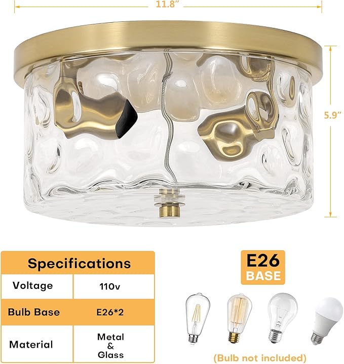 2-Light Flush Mount Ceiling Light Farmhouse Kitchen Island Ceiling Light with Bubble Glass Close to Ceiling Light Fixture for Living Room Bedroom Foyer Hallway