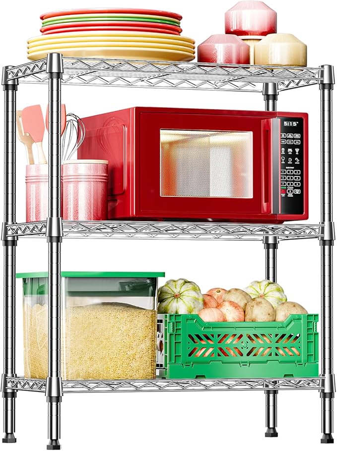 IZEUK 3-Tier Heavy Duty Steel Storage Shelves, Metal Shelf Wire Shelving Rack for Pantry, Kitchen, Home or Office Organization (29.5" W x 13.8" D x 35.5" H, 750LBS, Chrome)