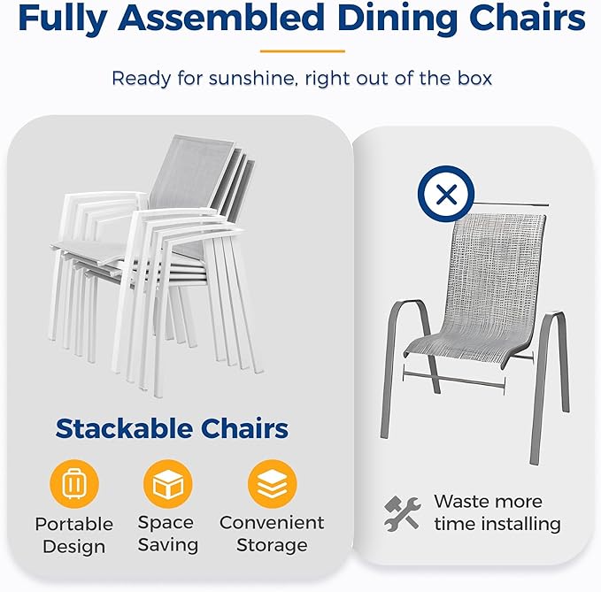 9 Piece Aluminum Outdoor Patio Dining Sets with Fully Assembled Dining Chair，91.3"L×39.4"W Expandable Patio Table and Chairs Set for 8, Stackable Chairs with Quick Drying Fabric, White