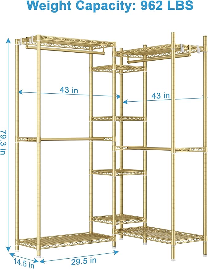 Ulif E4 Clothes Rack, Heavy-Duty Garment Rack, Metal Freestanding Clothing Organization Storage System Can Be L-Shaped with Shelves and Hangers, Max Load 962lbs, 71.6" W x 14.5" D x 79.3" H, Gold