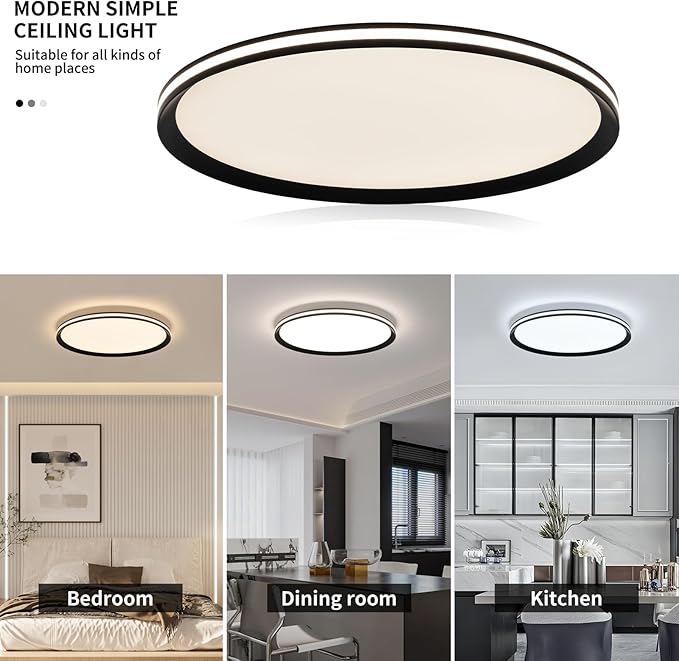Dimmable Metal LED Ceiling Lights Fixtures,Slim, Edge Lit - 20" Full Spectrum Smart Round Ceiling Lamps,3000-6500K Modern Ultra Thin Low Profile Light Fixture for Bedroom & Living Room (Black,45W)