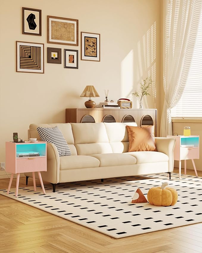 Pink Nightstand, Modern Bedside Table with Charging Station and LED Lights