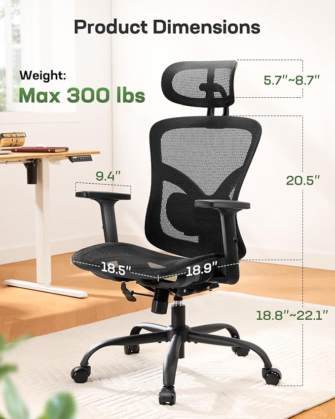 Marsail Ergonomic Mesh Office Chair, Ergonomic Gaming Chair with Adjustable Lumbar Support, 2D Headrest & Up and Down Armrest