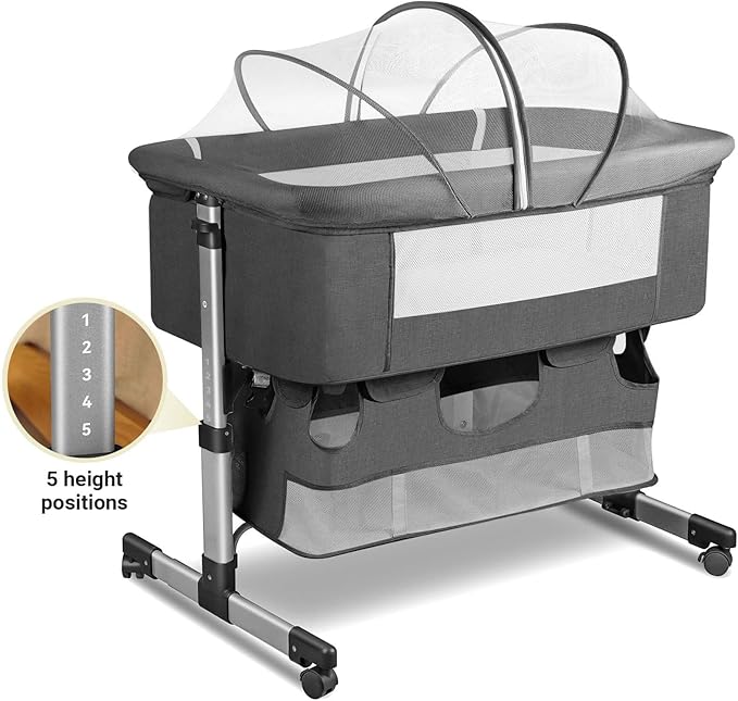 Bedside Crib,3 in 1 Baby Crib Adjustable Portable Bed for Infant,Baby Bassinet with Mosquito net Newborn Bed,Grey