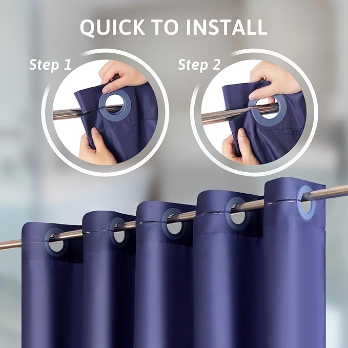 Furlinic No Hook Fabric Shower Curtain,Small Stall Shower Curtain Liner,Bathroom Curtains with 6 Plastic Split Grommets,Waterproof & Machine Washable,Navy Blue,Half Narrow 48x72 Inch.