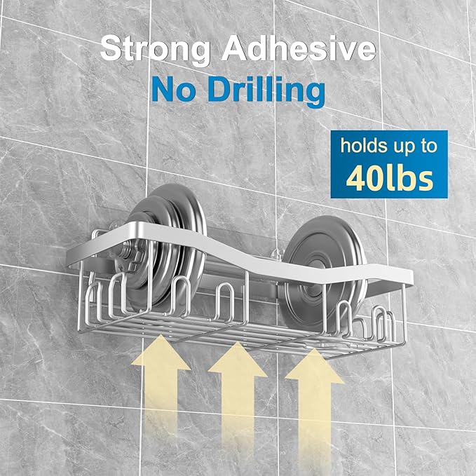 Adhesive Shower Caddy, No Drilling Bath Organizers 5 Pack, Rustproof Shelves with Soap Holder & Toothbrush Holder, Bathroom Organizers and Storage, Silver