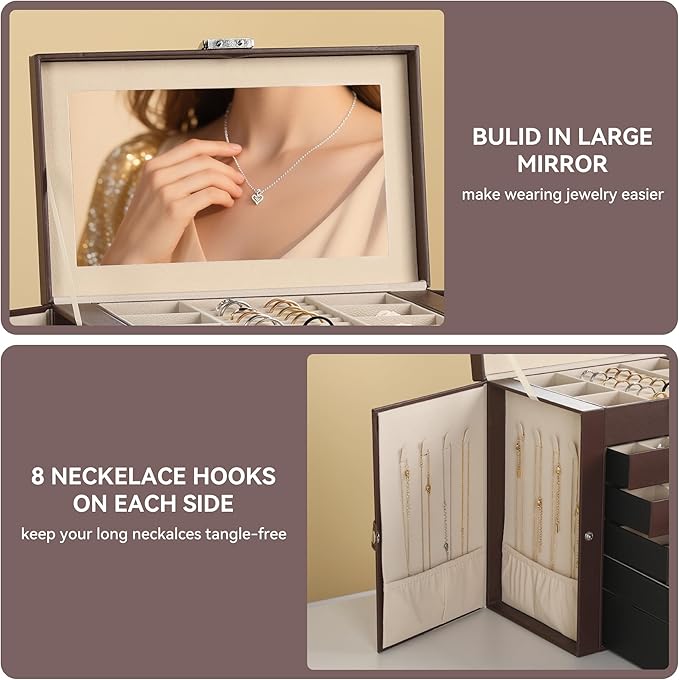 Frebeauty Large Jewelry Box,6-Tier PU Leather Jewelry Organizer,Multi-functional Storage Case with Mirror,Accessories Holder with 5 Drawers for Necklace Bracelets Watches(Dark Brown)