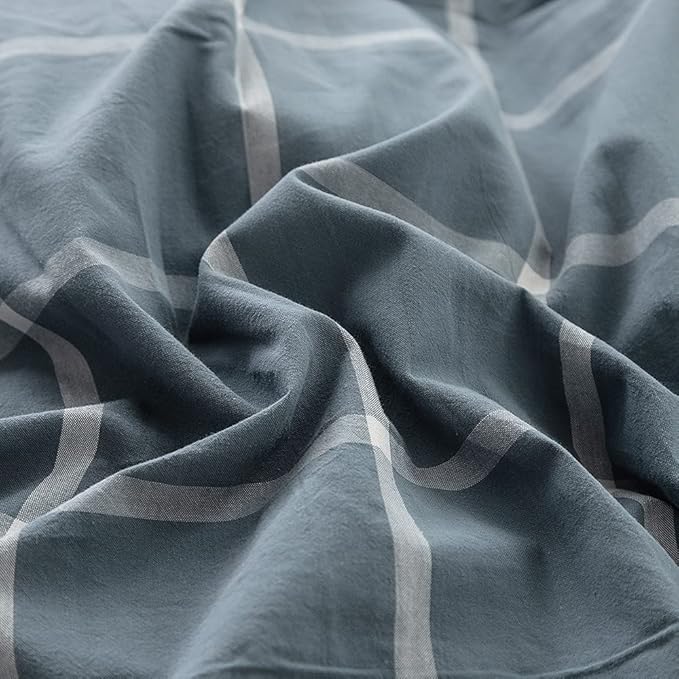 FACE TWO FACE Bedding Duvet Cover Set 3 Pieces 100% Washed Cotton Duvet Cover Linen Like Textured Breathable Durable Soft Comfy (California King, Grey Green Grid)