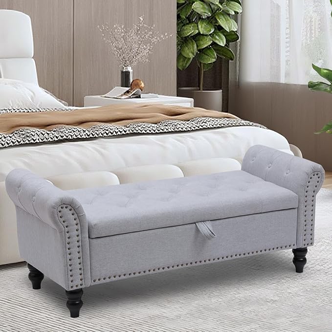 Storage Ottoman Bench with Arms, Linen End of Bed Bench for Bedroom, Button Tufted Storage Bench for Entryway, Living Room,Hallway, Large Storage Bench Foot Rest (New Grey)