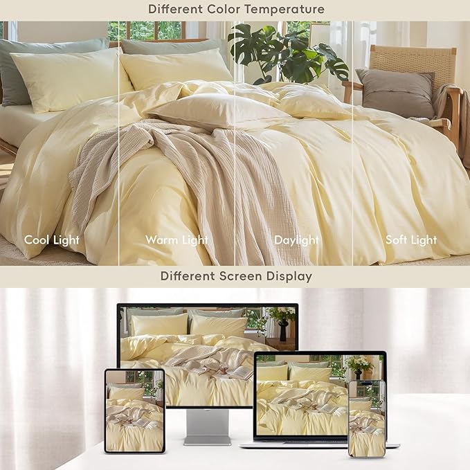 MooMee Bedding Duvet Cover Set 100% Washed Cotton Linen Like Textured Breathable Durable Soft Comfy (Heathered Butter Yellow, Queen 90"x90")