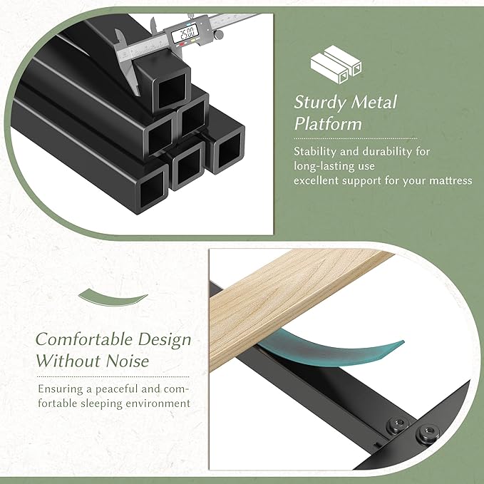 EnHomee Queen Bed Frame with 2 Storage Drawers, Upholstered Platform Bed with LED Lights and Charging Station, Sturdy Wooden Slats Support, No Box Spring Needed, Noise Free, Beige