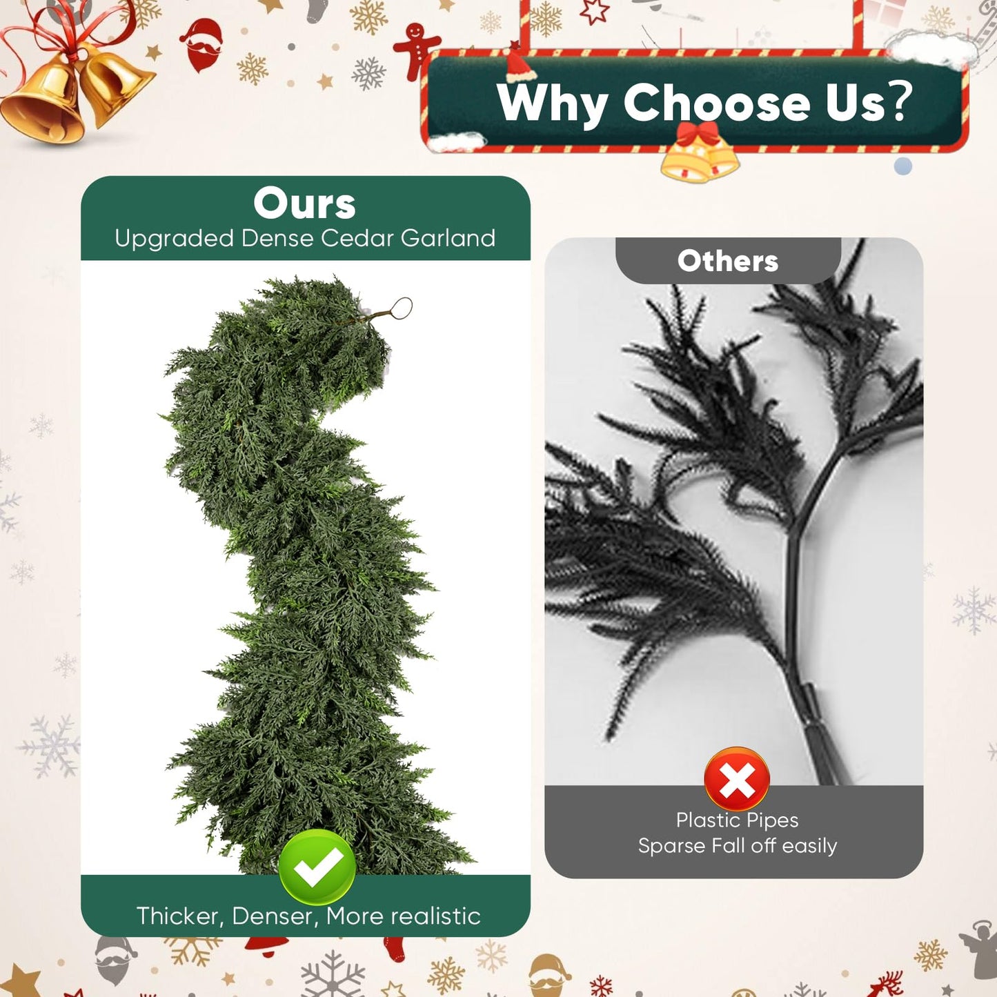 6FT Thick Christmas Garlands with 168 Cedar Branches, Real Touch Green Cedar Garland for Christmas Decorations, Artificial Greenery Garland for Table, Mantle, Wall, Indoor, Outdoor Holiday Decor