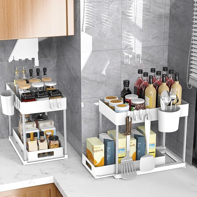 Under Sink Organizers and Storage, 2 Pack Large Capacity Heavy Load Pull-out Under Sink Shelves with Sliding Drawer for Kitchen and Bathroom, White