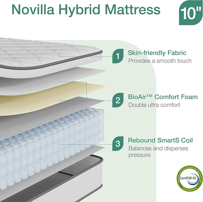 Novilla Twin Mattress, 10 inch Hybrid Mattress Twin Size for Back Pain Relief & Support, Mattresses in a Box with Comfortable Foam & Individually Pocket Spring, Certipur-Us Certified