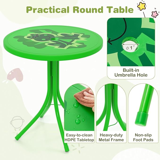 Costzon Kids Picnic Table, Kids Outdoor Table with 2 Folding Chairs, Height Adjustable Umbrella, Portable Children Outdoor Furniture for Patio, Garden, Backyard (Light Green)