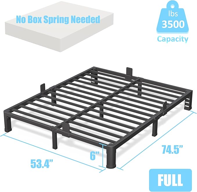 FUIOBYVV 6 Inch Full Bed Frame with Rounded Corner and Headboard Hole Mattress Retainers 3500 LBS Metal Heavy Duty Steel Slats Support No Box Spring Needed Platform Noise Free Easy Assembly
