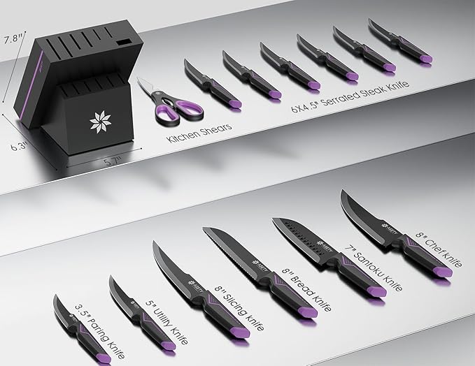 Knife Set - 15 PCS Kitchen Knife Set with Built-in Knife Sharpener Block - Stainless Steel Knife Block Set - Dishwasher Safe, Elegant Box for Men Women