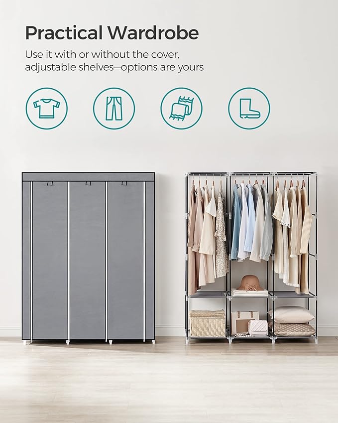 SONGMICS Portable Closet, Wardrobe Closet Organizer with Cover, 3 Hanging Rods and Shelves, 4 Side Pockets, 51.2 x 17.7 x 65.7 Inches, Large Capacity for Bedroom, Living Room, Gray URYG092G02