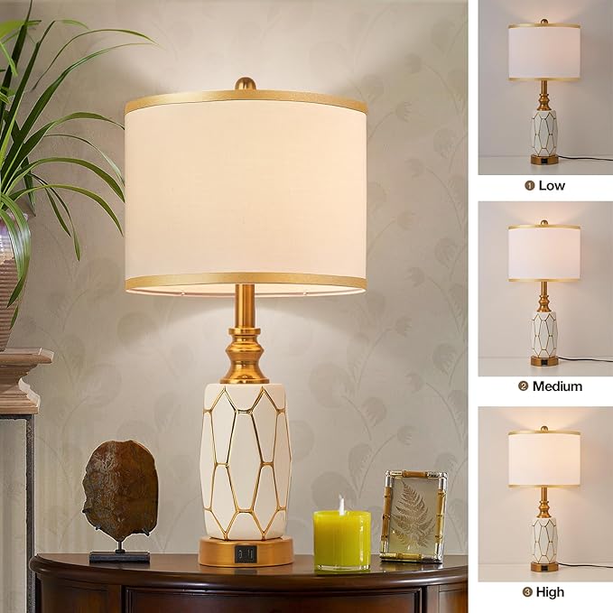 Set of 2 Touch Control Table Lamps for Bedroom Livingroom,Modern Ceramic Table Lamp with USB Ports,Bedside Nightstand Lamp with Fabric Drum Lampshade,Blubs Included (White)