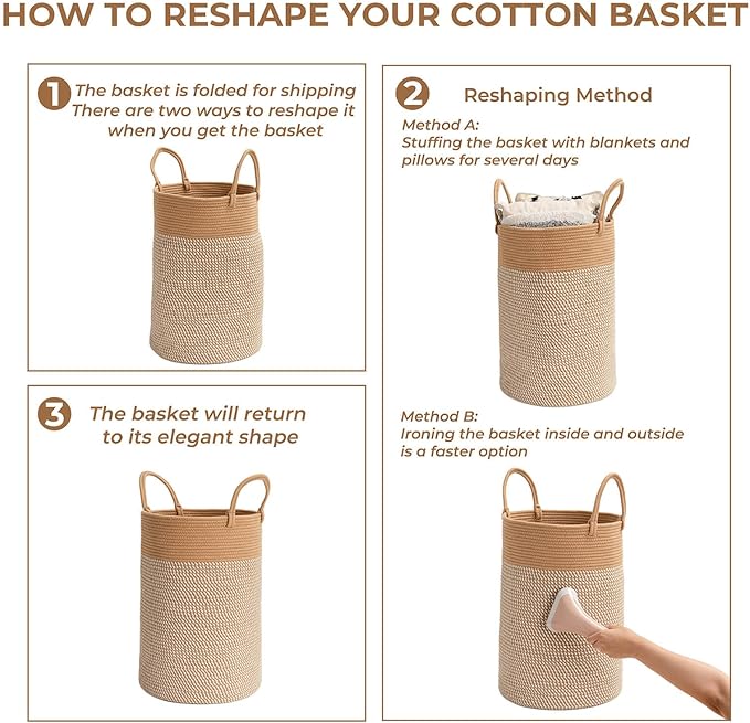 INDRESSME 60L Laundry Basket for Clothes, Blanket Storage, Toys - Woven Rope Hamper for Bedroom, 19.7 x 13.8 Inches