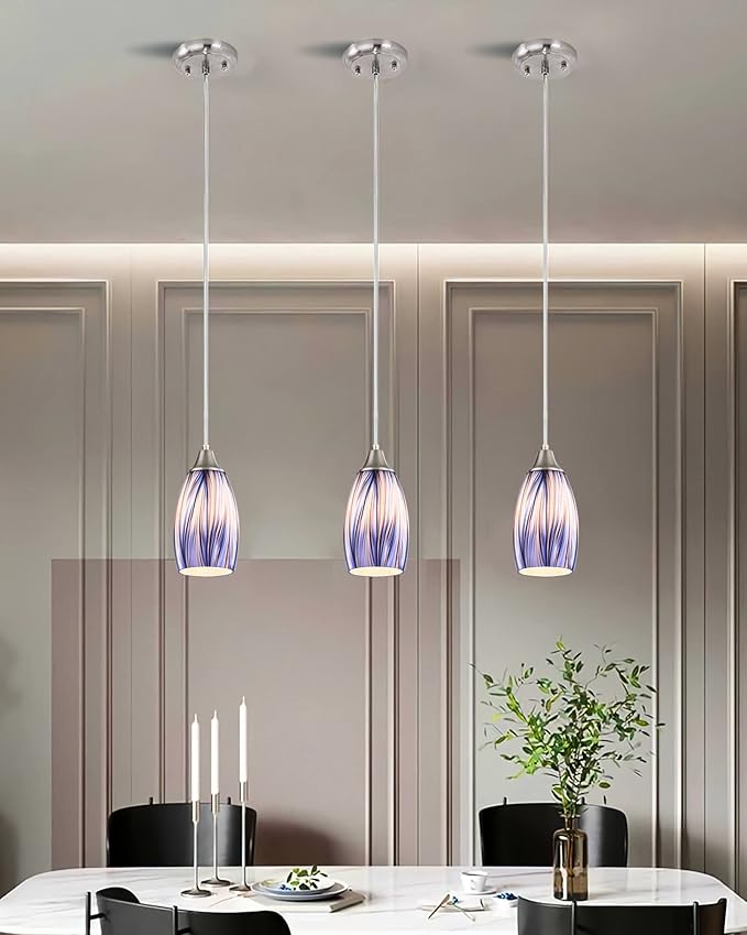 Dark Blue Glass Mini Pendant Lights for Kitchen Island 3Pack Blown Art Glass Pendant Lighting Shade Hanging Pendant Lights with Brushed Nickel Finish for Kitchen Over Sink,Dining Room